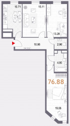 Трёхкомнатная квартира 76.88 м²