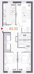 Трёхкомнатная квартира 85.53 м²