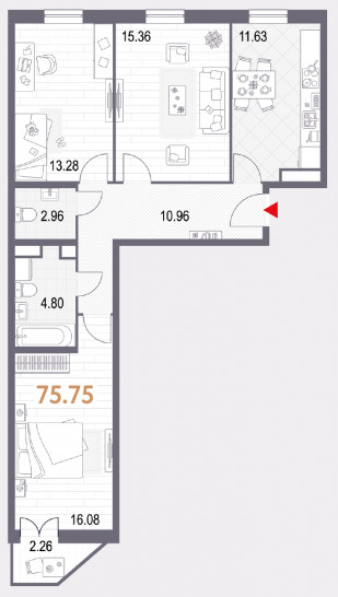 Трёхкомнатная квартира 75.75 м²
