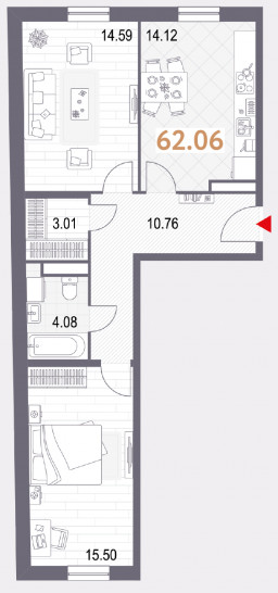 Двухкомнатная квартира 62.06 м²