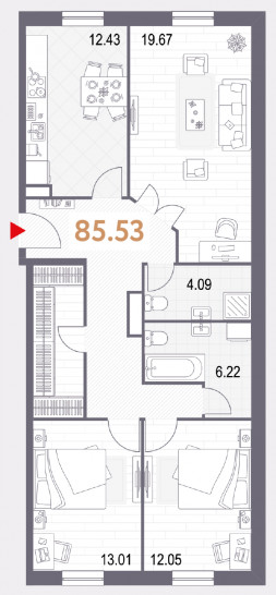 Трёхкомнатная квартира 85.53 м²