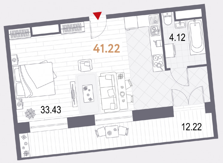 Однокомнатная квартира 41.22 м²