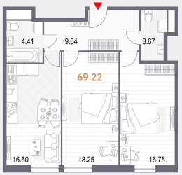 Двухкомнатная квартира 69.22 м²