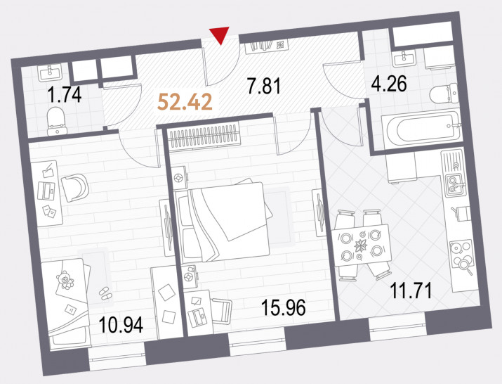 Двухкомнатная квартира 52.42 м²